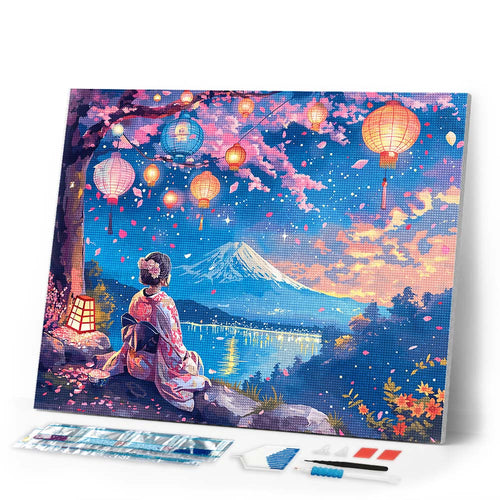 Diamond Painting - Girl, Lanterns and Mount Fuji