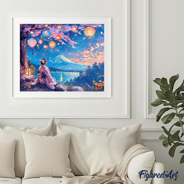 Diamond Painting - Girl, Lanterns and Mount Fuji