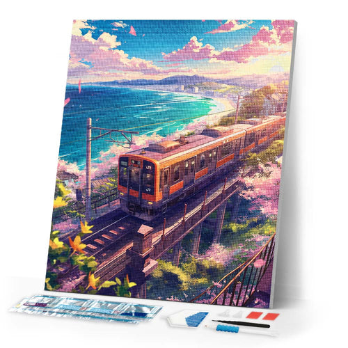 Diamond Painting - Sakura Railway by the Ocean