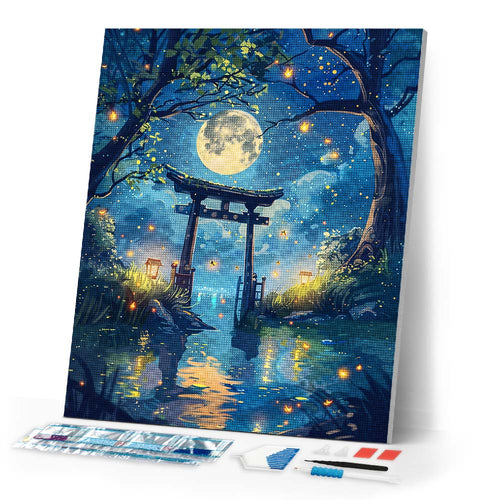 Diamond Painting - Moonlit Torii and Fireflies