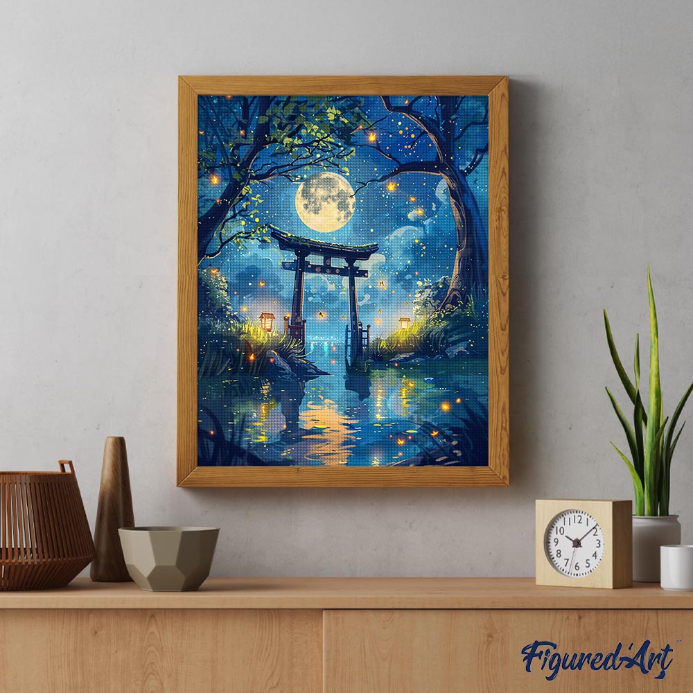 Diamond Painting - Moonlit Torii and Fireflies