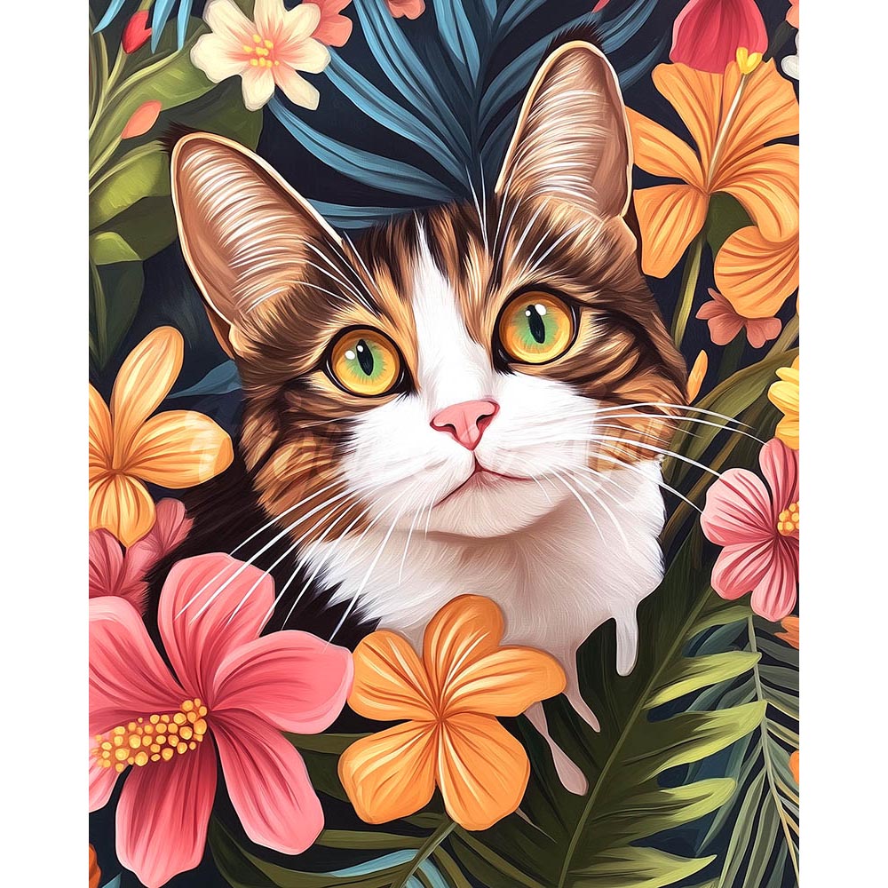 Diamond Painting - Cat with Tropical Flowers