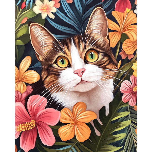 Diamond Painting - Cat with Tropical Flowers