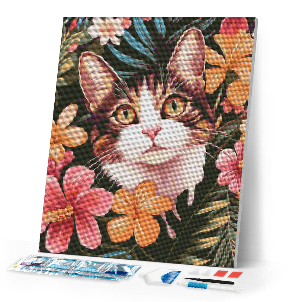 Diamond Painting - Cat with Tropical Flowers