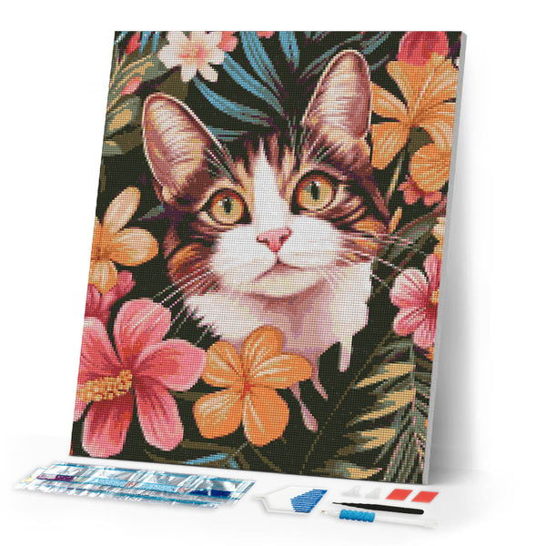 Diamond Painting - Cat with Tropical Flowers
