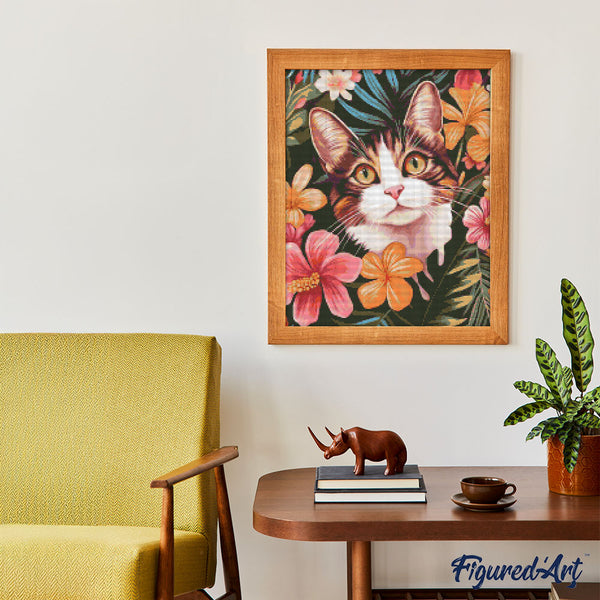 Diamond Painting - Cat with Tropical Flowers