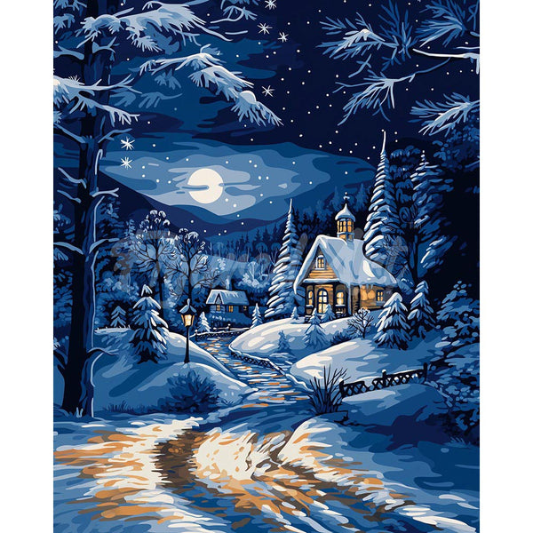 Diamond Painting - Moonlight Winter Cottage