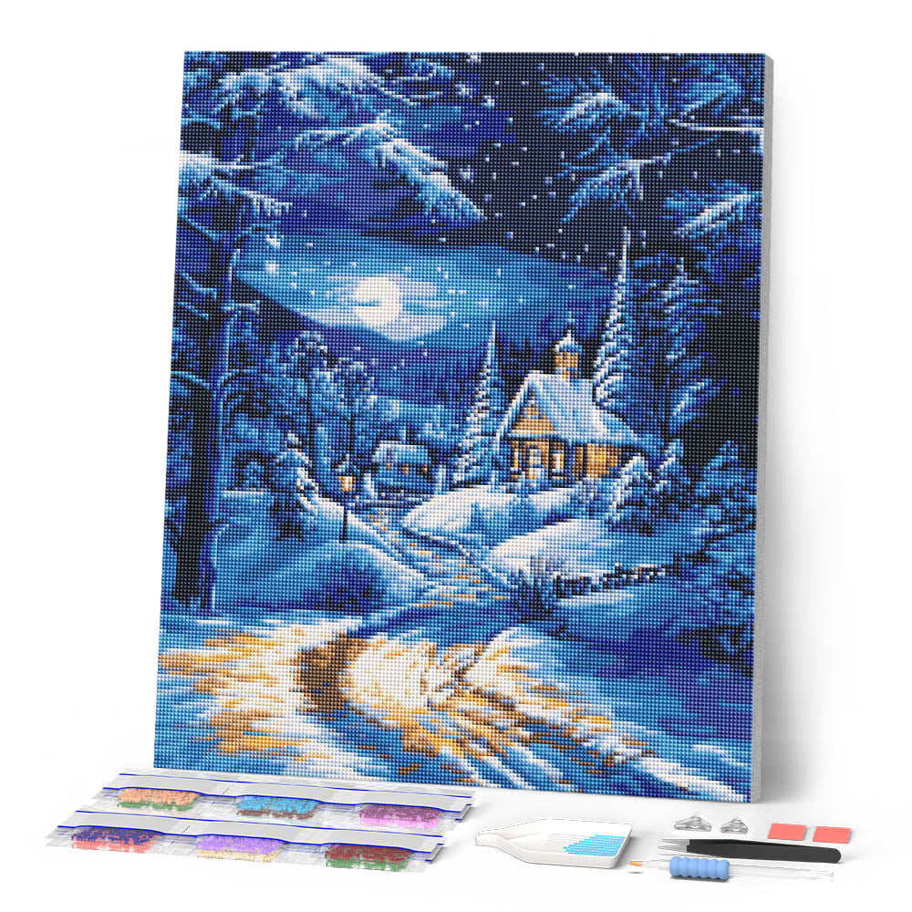 Diamond Painting - Moonlight Winter Cottage