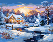 Load image into Gallery viewer, Diamond Painting - Sunset Winter Cabin