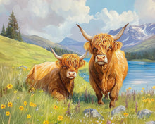 Load image into Gallery viewer, Diamond Painting - Highland cow Family by the Lake