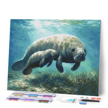 Load image into Gallery viewer, Diamond Painting - Manatee mom and baby cuddles canvas already framed