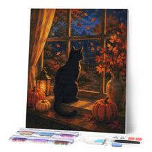 Load image into Gallery viewer, Diamond Painting - Black Cat at a Pumpkin-Lit Window