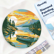 Load image into Gallery viewer, Diamond Painting on Wood Slice - Mountain Lake with Canoe Figured'Art USA