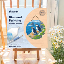 Load image into Gallery viewer, Diamond Painting on Wood Slice - Puffin by the ocean cliffs