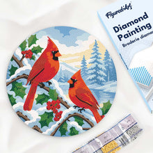 Load image into Gallery viewer, Diamond Painting on Wood Slice - Winter Cardinals Figured'Art USA