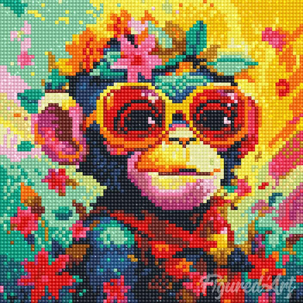 Mini Diamond Painting 10"x10" - Fantasy monkey and flowers