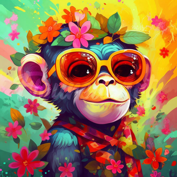 Mini Diamond Painting 10"x10" - Fantasy monkey and flowers Figured'Art USA