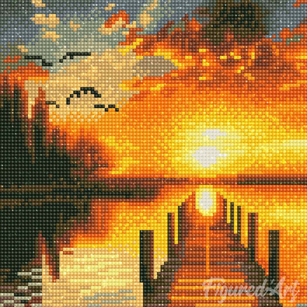 Mini Diamond Painting 10"x10" - Golden Lake Sunset
