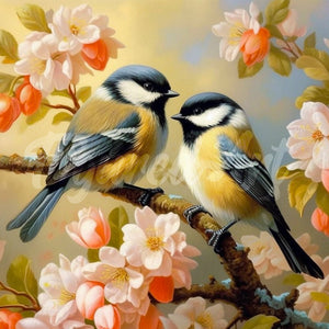 Mini Diamond Painting 10"x10" - Pair of Birds amidst Blossoms Figured'Art USA