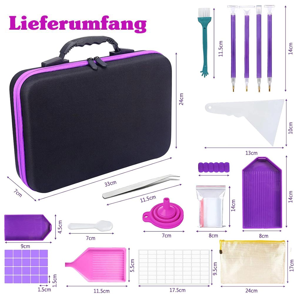 Diamond Painting storage case in purple with 60 compartments + accessories
