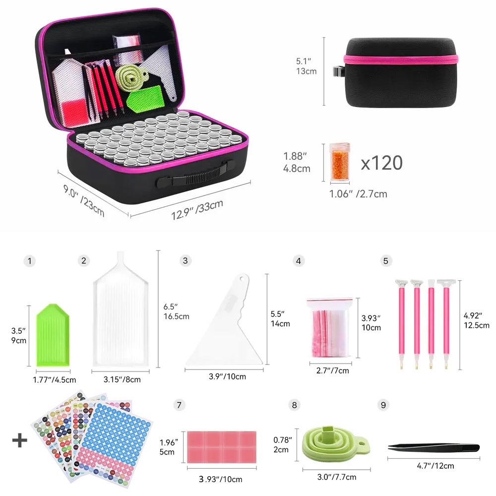 Diamond Painting Case Pink with 120 Jars + Accessories