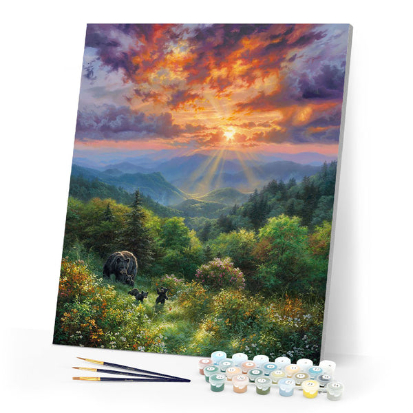 Paint by numbers Bear and Sunset Figured'Art new arrivals, advanced, landscapes, animals, bears