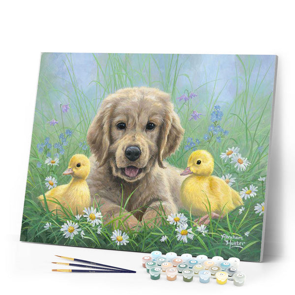 Paint by numbers Labrador and Chicks Figured'Art new arrivals, intermediate, animals, dogs, birds