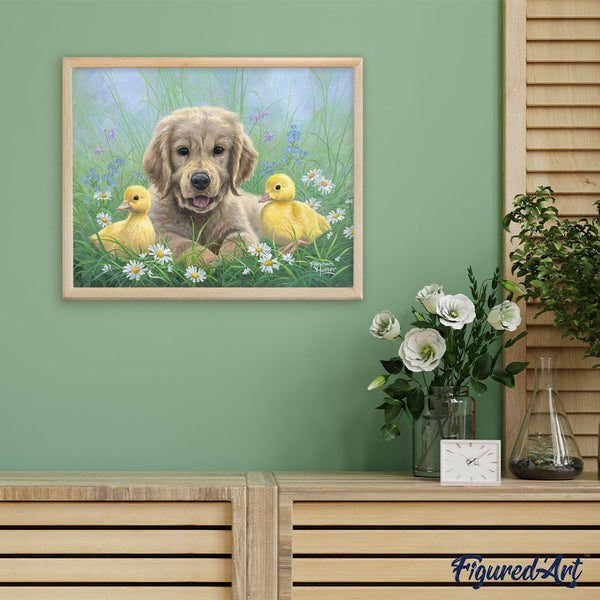 Paint by numbers Labrador and Chicks Figured'Art new arrivals, intermediate, animals, dogs, birds
