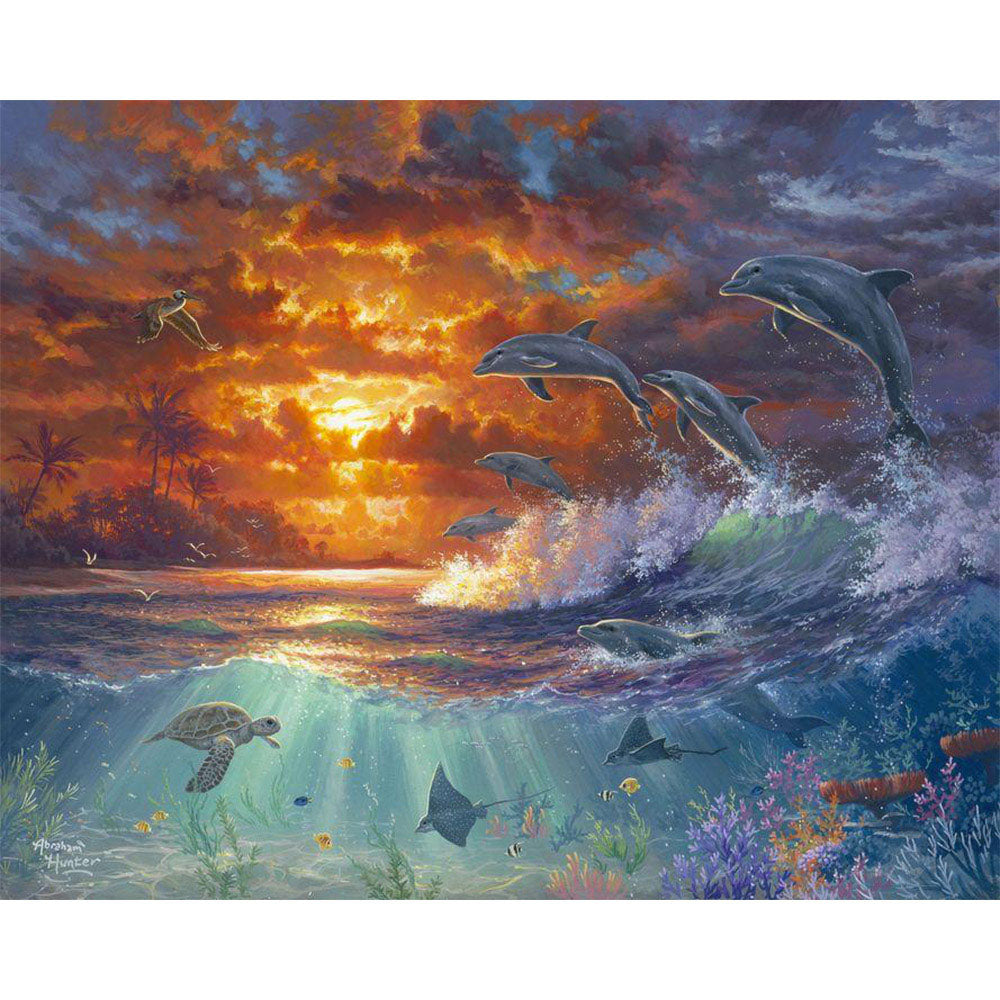 Paint by numbers Ocean and Sunset Figured'Art new arrivals, intermediate, landscapes, animals, fish, dolphins, turtles