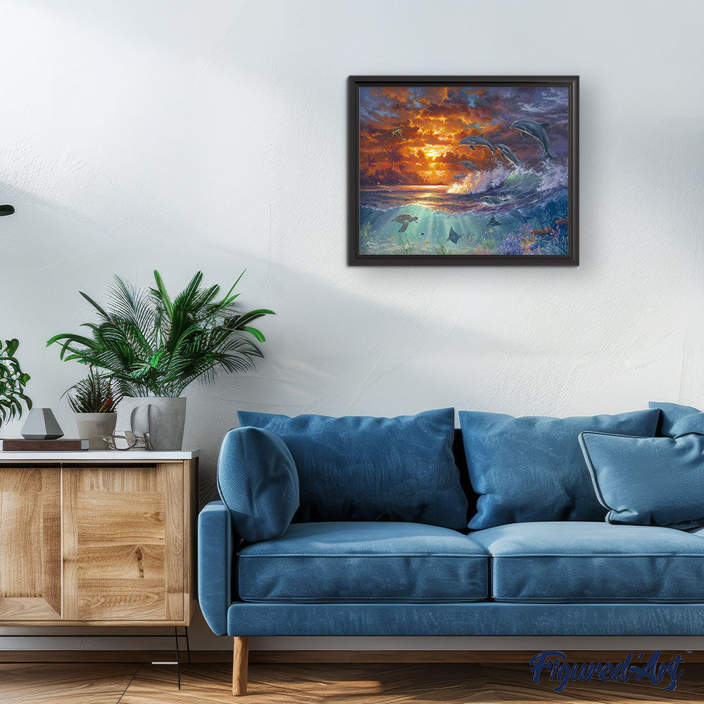 Paint by numbers Ocean and Sunset Figured'Art new arrivals, intermediate, landscapes, animals, fish, dolphins, turtles