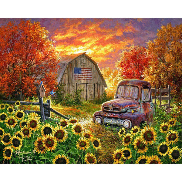 Paint by numbers Sunflowers in front of the barn Figured'Art new arrivals, advanced, landscapes, flowers