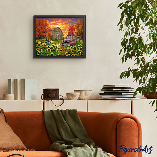 Paint by numbers Sunflowers in front of the barn Figured'Art new arrivals, advanced, landscapes, flowers