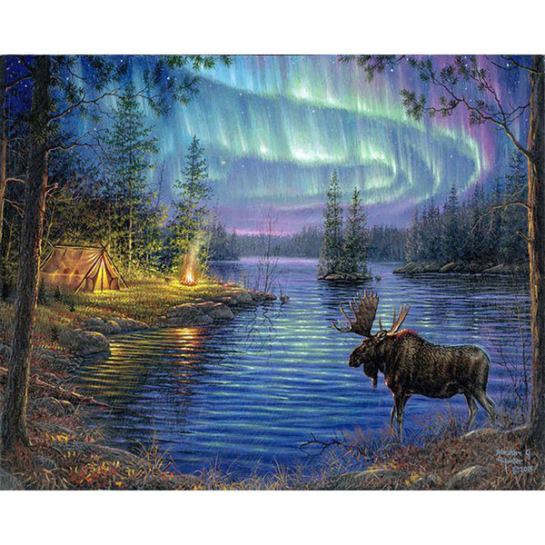 Paint by numbers Moose and aurora borealis Figured'Art new arrivals, advanced, landscapes, animals, deer