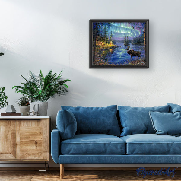 Paint by numbers Moose and aurora borealis Figured'Art new arrivals, advanced, landscapes, animals, deer
