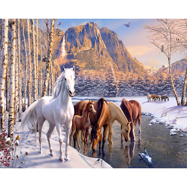 Paint by numbers | Horses during winter near the river | animals horses intermediate new arrivals landscapes | Figured'Art