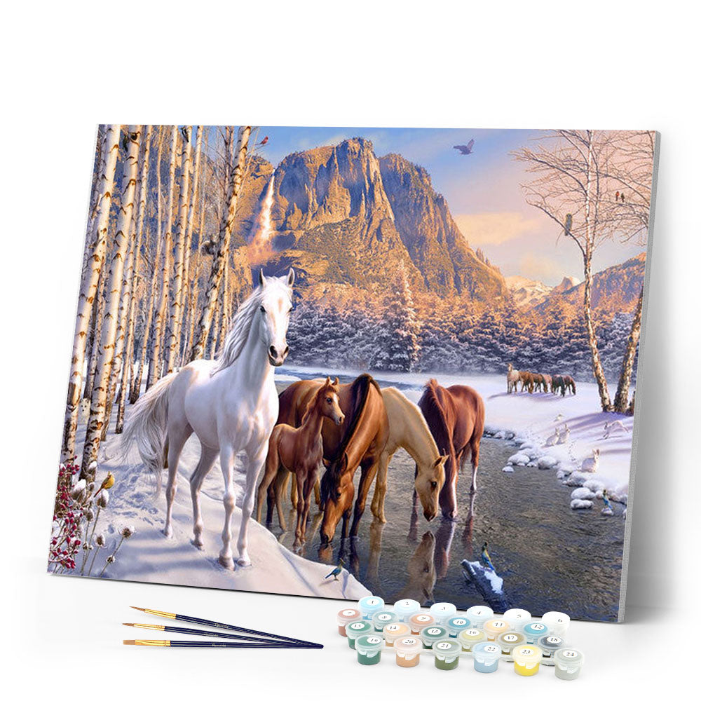 Paint by numbers | Horses during winter near the river | animals horses intermediate new arrivals landscapes | Figured'Art