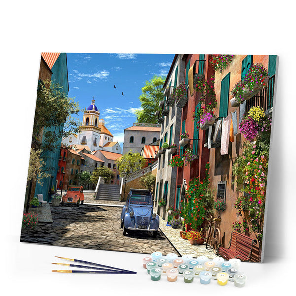 Paint by numbers | Alley and vintage car | intermediate new arrivals landscapes cities | Figured'Art