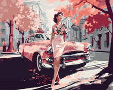 Load image into Gallery viewer, Paint by numbers kit Lady and Pink Classic Car Figured'Art