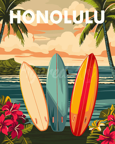 Paint by numbers kit for adults Travel Poster Honolulu Figured'Art