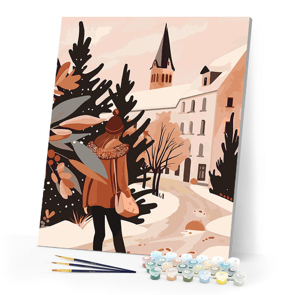 Paint by numbers kit Winter Walk in the Village Figured'Art