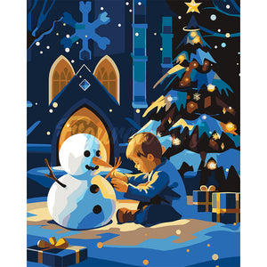 Winter Night Boy and Snowman