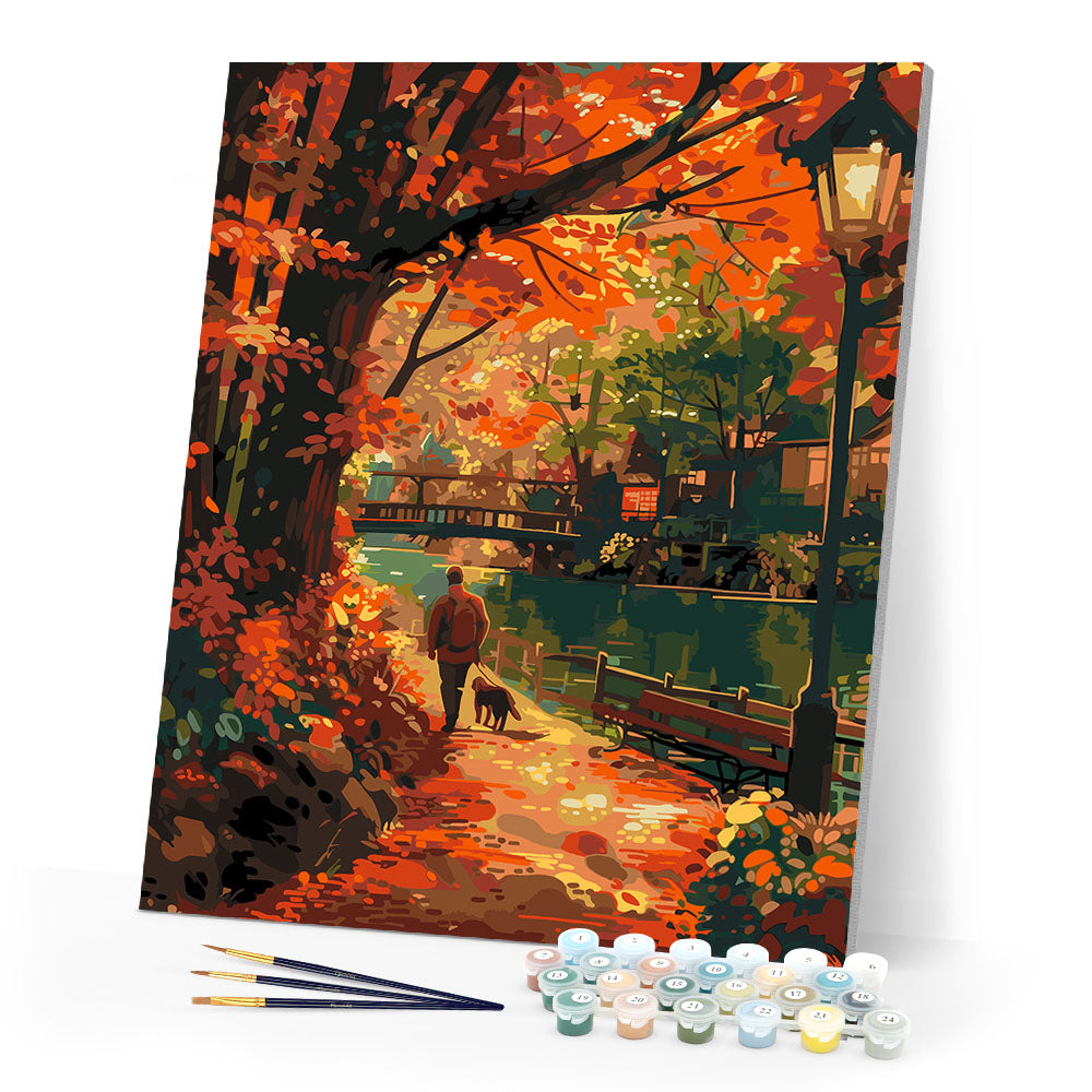 Paint by numbers kit Dog Walk in Fall Figured'Art