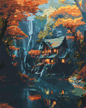 Load image into Gallery viewer, Paint by numbers kit Fall Cabin by Waterfall Figured&#39;Art