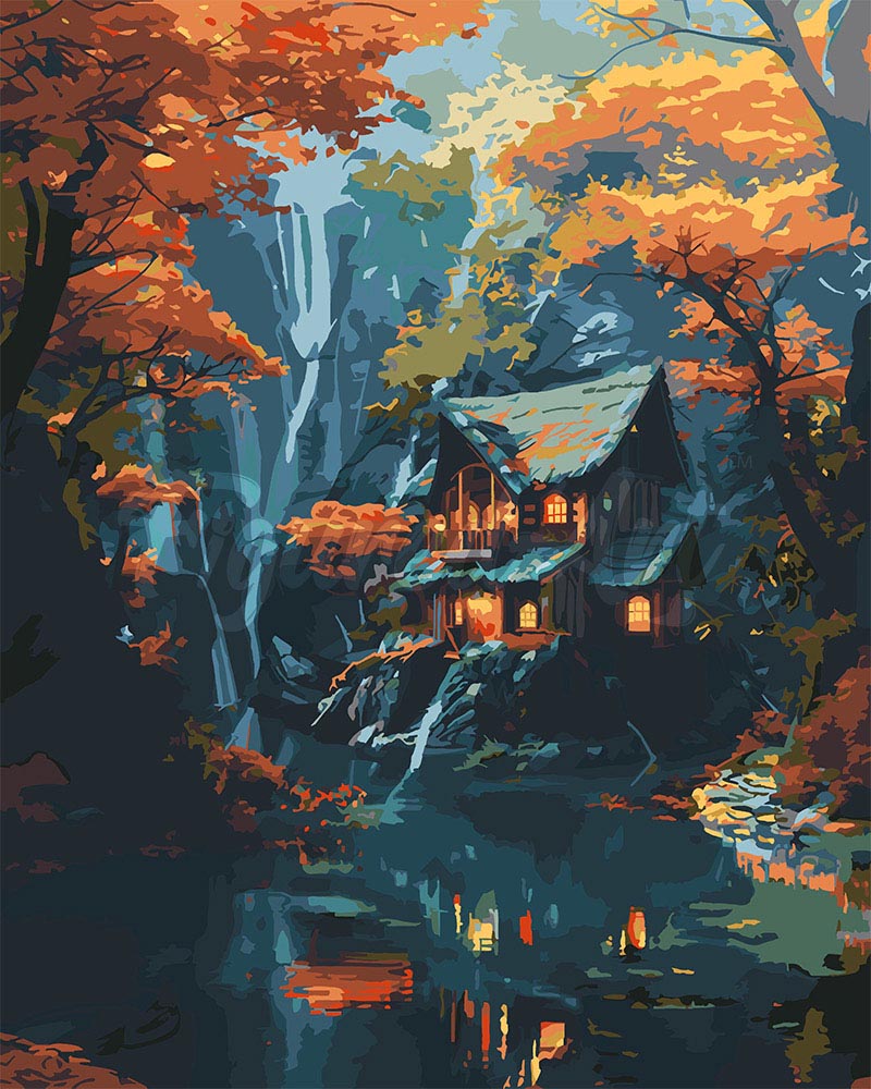 Paint by numbers kit Fall Cabin by Waterfall Figured'Art