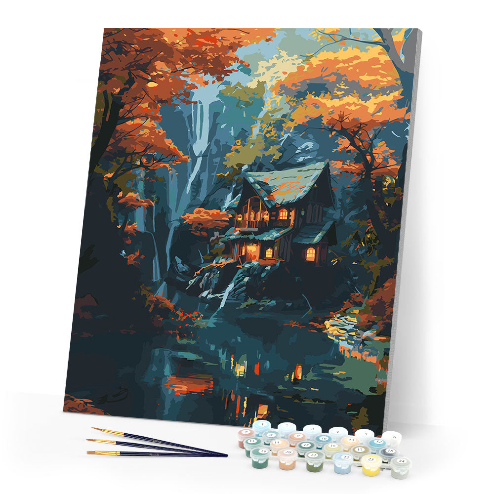 Paint by numbers kit Fall Cabin by Waterfall Figured'Art