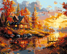 Load image into Gallery viewer, Paint by numbers kit Fall Sunset by the Cabin Figured&#39;Art