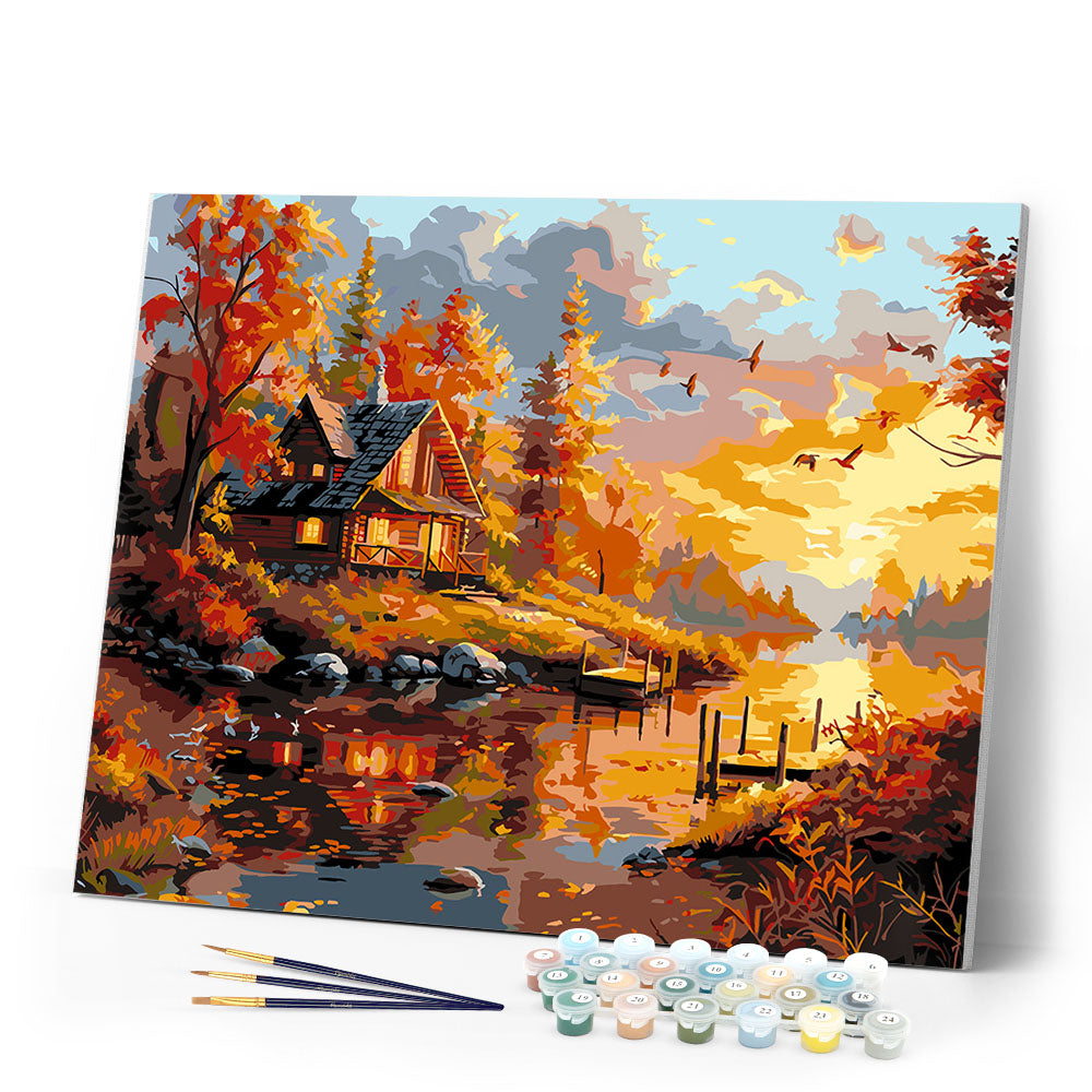 Paint by numbers kit Fall Sunset by the Cabin Figured'Art