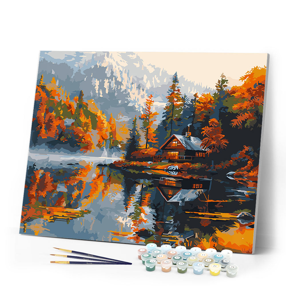 Paint by numbers kit Lakeside Fall Cabin Figured'Art