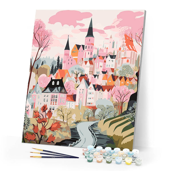 Paint by numbers kit Pink Enchanted Village Figured'Art