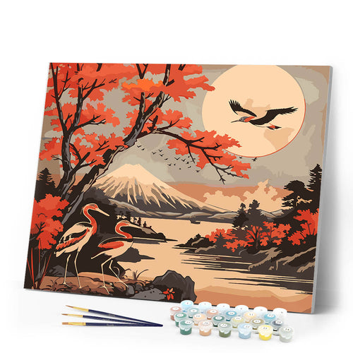 Paint by numbers kit for adults Cranes and Mount Fuji View Figured'Art